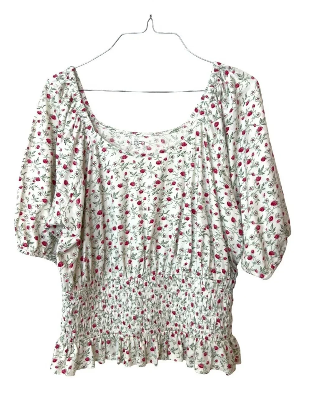 Loft Raspberry Blouse M Cottagecore Summer Berriy Smocked Puff Sleeve Strawberry